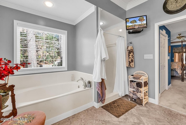 ensuite bathroom featuring a garden tub, curtained shower, ensuite bath, crown molding, and baseboards