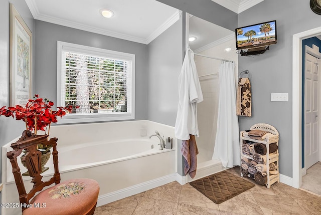 bathroom featuring crown molding, a bath, baseboards, and a shower stall