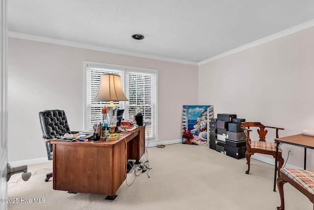 carpeted office with crown molding and baseboards