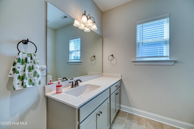 bathroom with vanity, baseboards, visible vents, an inviting chandelier, and tile patterned floors