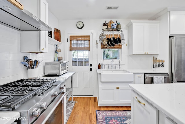 kitchen featuring visible vents, light wood finished floors, a sink, stainless steel appliances, and wall chimney exhaust hood