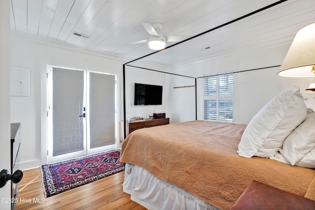 bedroom featuring visible vents, ornamental molding, a ceiling fan, wood finished floors, and wooden ceiling