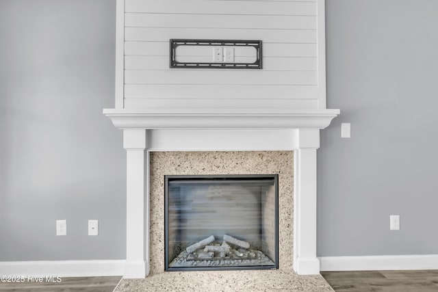 details featuring wood finished floors, baseboards, and a large fireplace