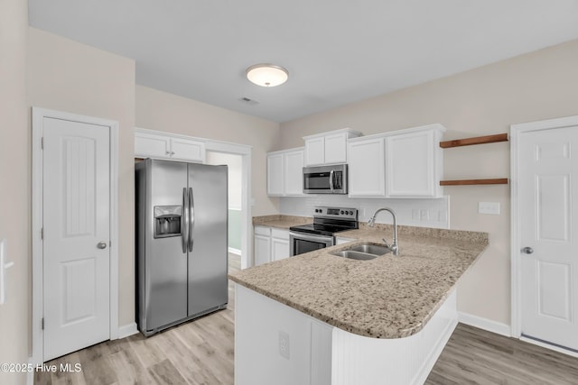 kitchen featuring a sink, open shelves, white cabinetry, appliances with stainless steel finishes, and a peninsula