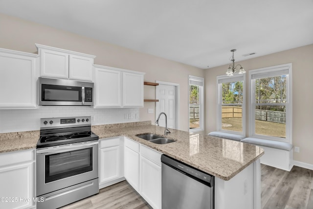 kitchen featuring a sink, a peninsula, stainless steel appliances, white cabinetry, and open shelves