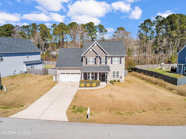 view of front facade with roof with shingles, driveway, and fence