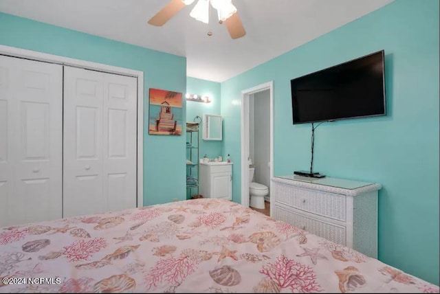 bedroom featuring ceiling fan, a closet, and connected bathroom