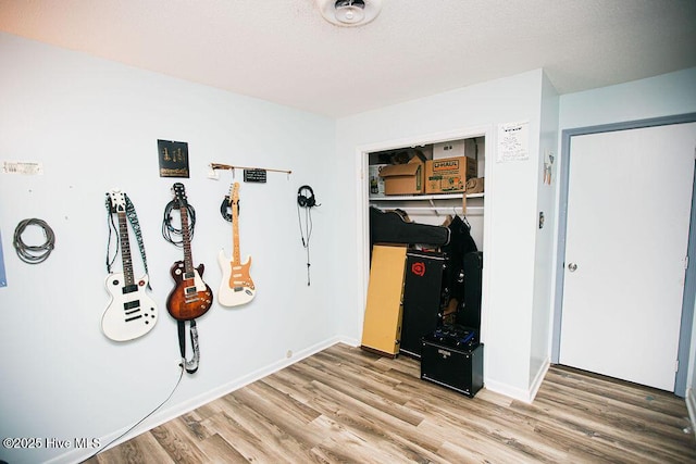 interior space with a closet, baseboards, and wood finished floors