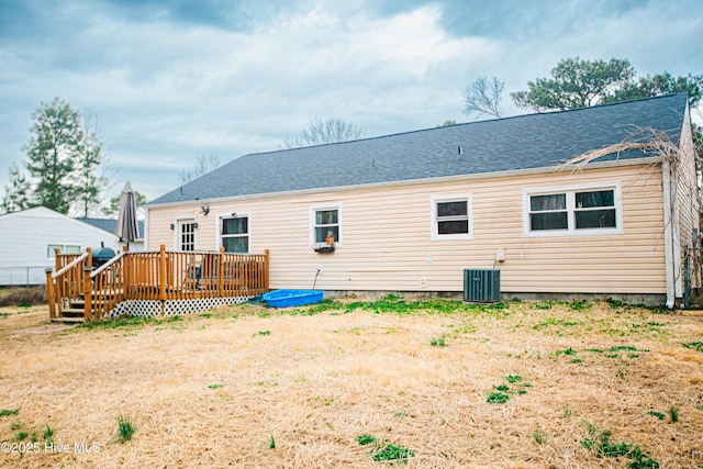 508 Thyme Ct, Jacksonville, NC 28540 - back of property with roof with shingles, central AC unit, and a deck