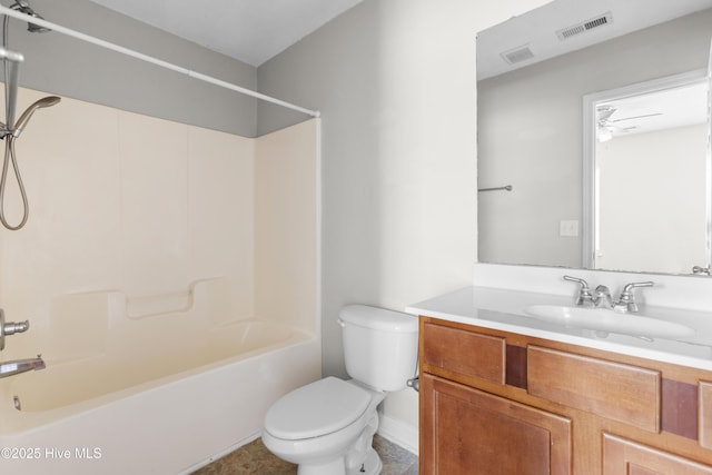 bathroom with vanity, toilet, washtub / shower combination, and visible vents