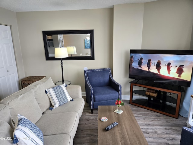 living area with wood finished floors, baseboards, and a textured ceiling