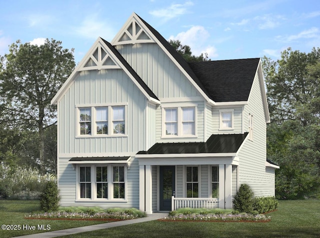 modern inspired farmhouse with a front lawn, covered porch, board and batten siding, roof with shingles, and metal roof