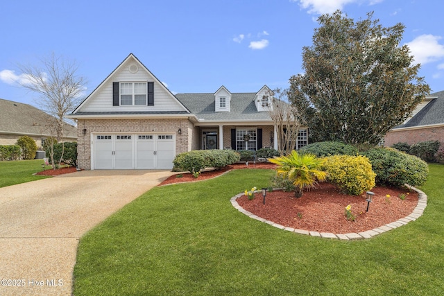 view of front of property featuring driveway, a front lawn, a garage, brick siding, and central AC unit