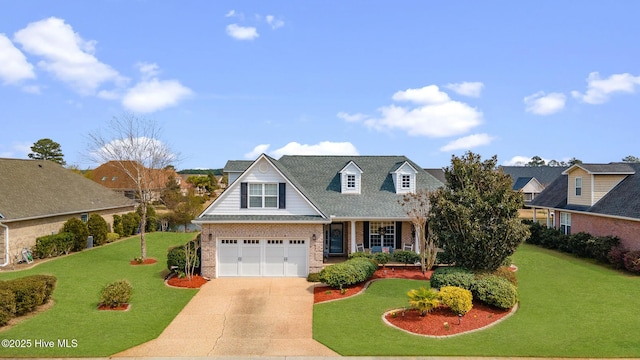 view of front of home featuring a front yard, a garage, brick siding, and driveway