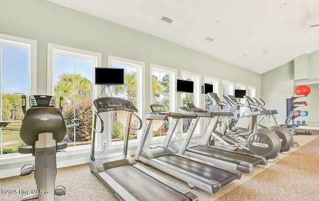 workout area featuring vaulted ceiling, baseboards, and visible vents