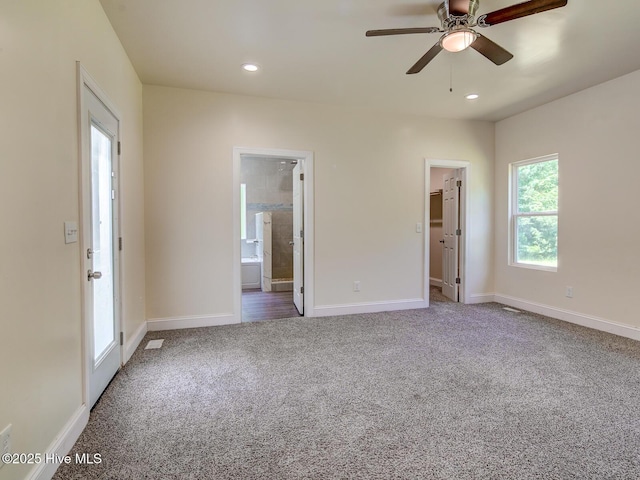 interior space featuring recessed lighting, baseboards, carpet floors, and ceiling fan