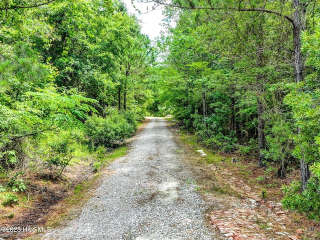 view of street featuring a forest view