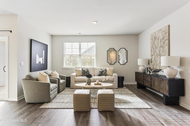 living area with baseboards and wood finished floors