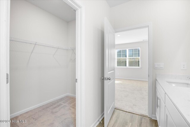 bathroom with a walk in closet, baseboards, wood finished floors, and vanity