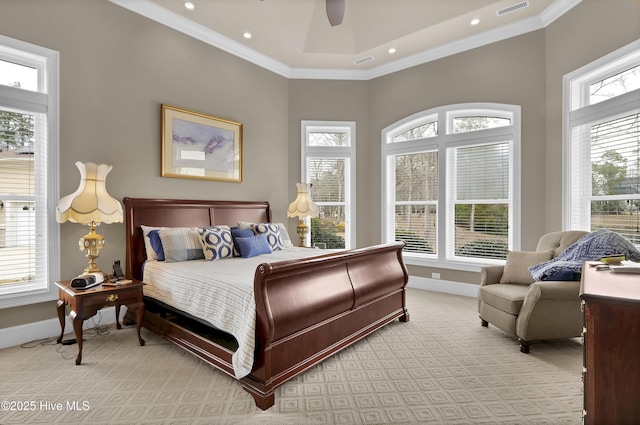 bedroom with recessed lighting, baseboards, light colored carpet, and crown molding