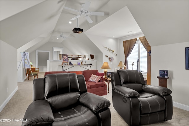 living room featuring vaulted ceiling, recessed lighting, a ceiling fan, and baseboards