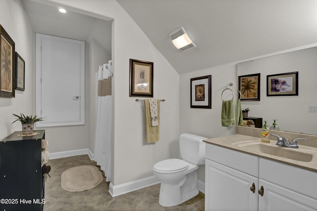 full bathroom featuring tile patterned flooring, visible vents, toilet, vaulted ceiling, and vanity