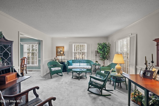 living area featuring a wealth of natural light, carpet floors, and ornamental molding