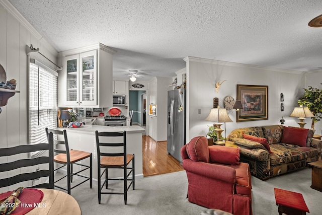 living area featuring a textured ceiling, crown molding, and a ceiling fan