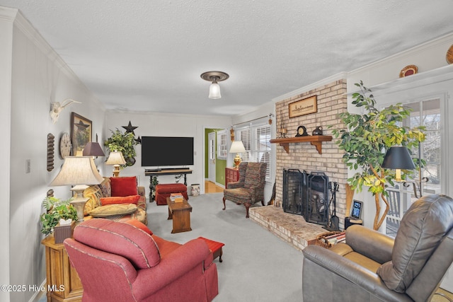 living room with crown molding, a brick fireplace, carpet floors, and a textured ceiling