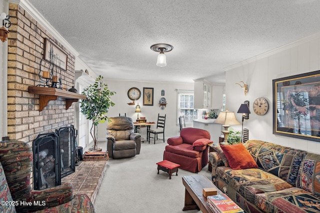 living room with carpet flooring, a fireplace, a textured ceiling, and ornamental molding