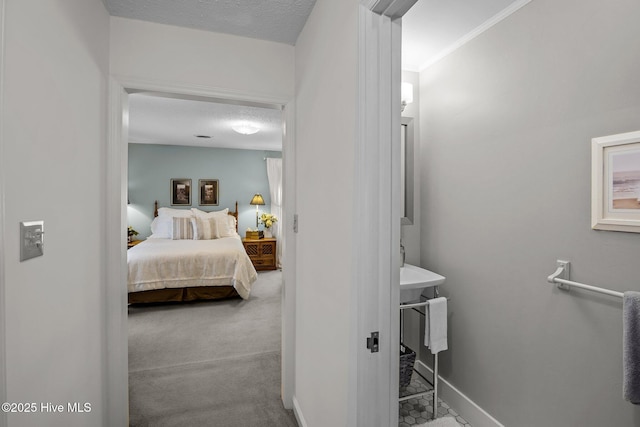 carpeted bedroom with a textured ceiling and baseboards