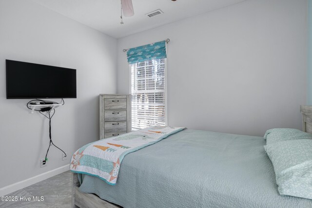 bedroom with visible vents, a ceiling fan, and baseboards