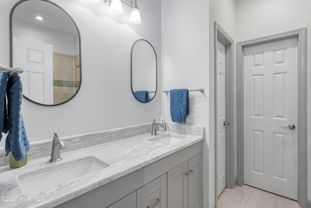 full bathroom with a sink, wood finished floors, and double vanity