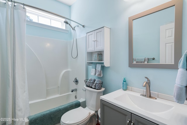 full bathroom with shower / tub combo with curtain, toilet, and vanity