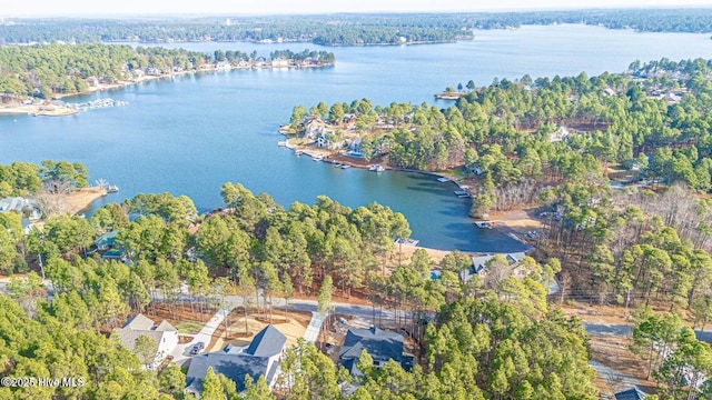 drone / aerial view featuring a forest view and a water view