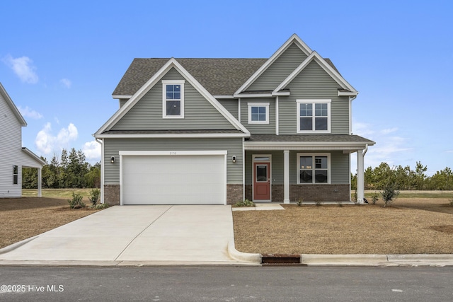 craftsman-style home with brick siding, a shingled roof, a porch, concrete driveway, and a garage