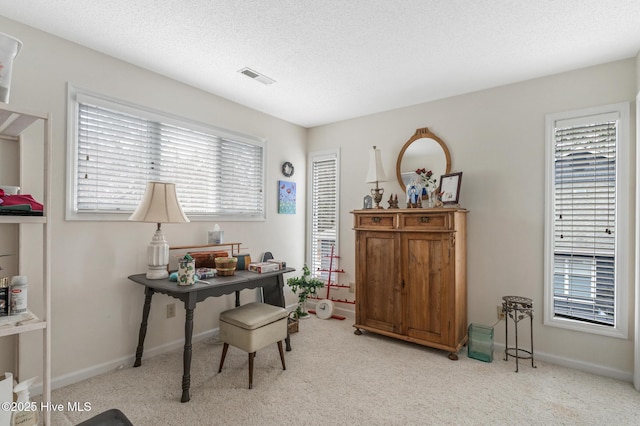 office space featuring carpet flooring, baseboards, visible vents, and a textured ceiling