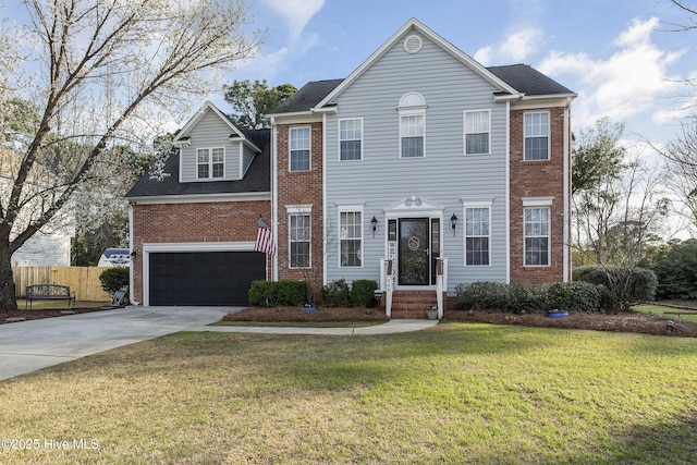 view of front of house featuring brick siding, fence, concrete driveway, a front yard, and an attached garage