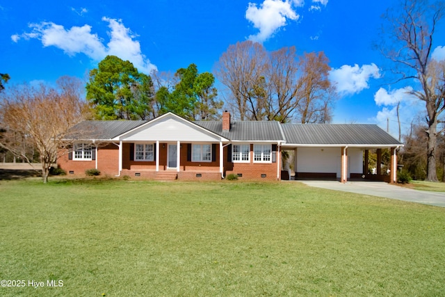 ranch-style home featuring a carport, concrete driveway, crawl space, brick siding, and a chimney