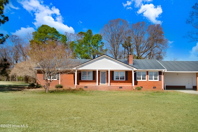 ranch-style house featuring crawl space, a carport, a chimney, and a front lawn