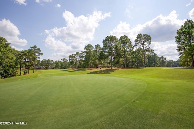 view of property's community featuring golf course view and a yard