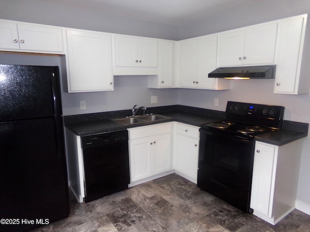 kitchen featuring dark countertops, under cabinet range hood, white cabinets, black appliances, and a sink