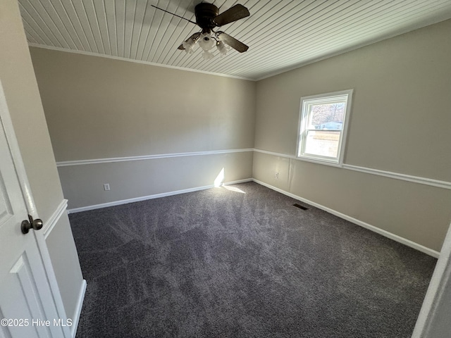 empty room featuring visible vents, wood ceiling, carpet, and baseboards