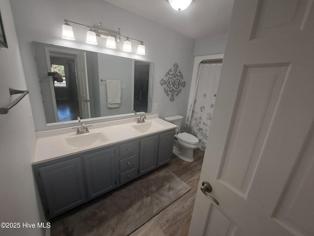 bathroom with double vanity, toilet, wood finished floors, and a sink