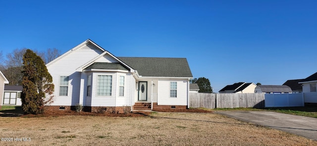 view of front of home featuring crawl space, a shingled roof, and fence