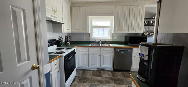 kitchen featuring under cabinet range hood, stainless steel dishwasher, electric stove, white cabinets, and a sink