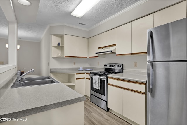 kitchen featuring visible vents, open shelves, a sink, under cabinet range hood, and appliances with stainless steel finishes