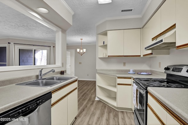 kitchen with visible vents, open shelves, a sink, stainless steel appliances, and under cabinet range hood