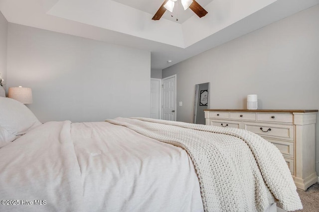 bedroom with a tray ceiling and a ceiling fan