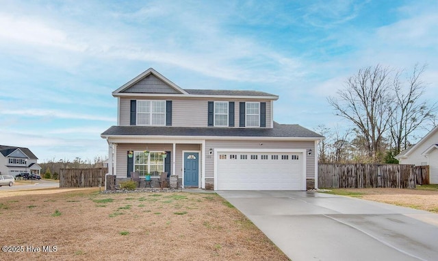 view of front of home with driveway, stone siding, fence, covered porch, and a garage